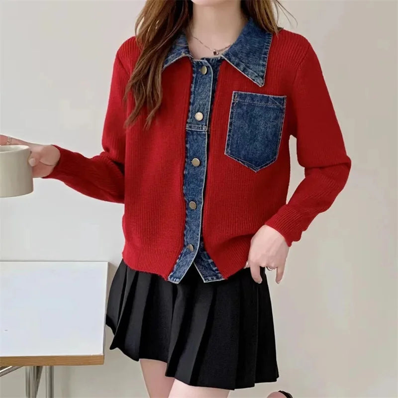 2025 Nouveau Polo Col Denim Couture Pull Femme Automne Hiver Mode Épissage Femme Pull Style Rétro Dame Veste Courte