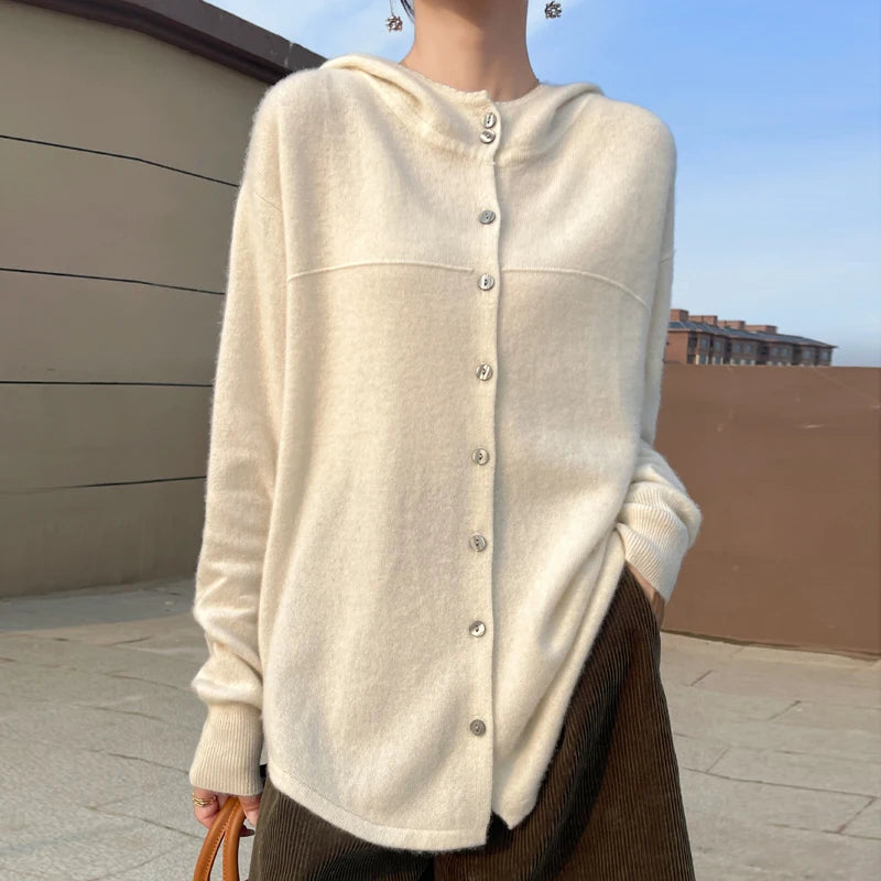 Fall/Winter 2024 new women's cardigan 100% pure wool solid color hooded collar cashmere fashion loose plus size sweater coat