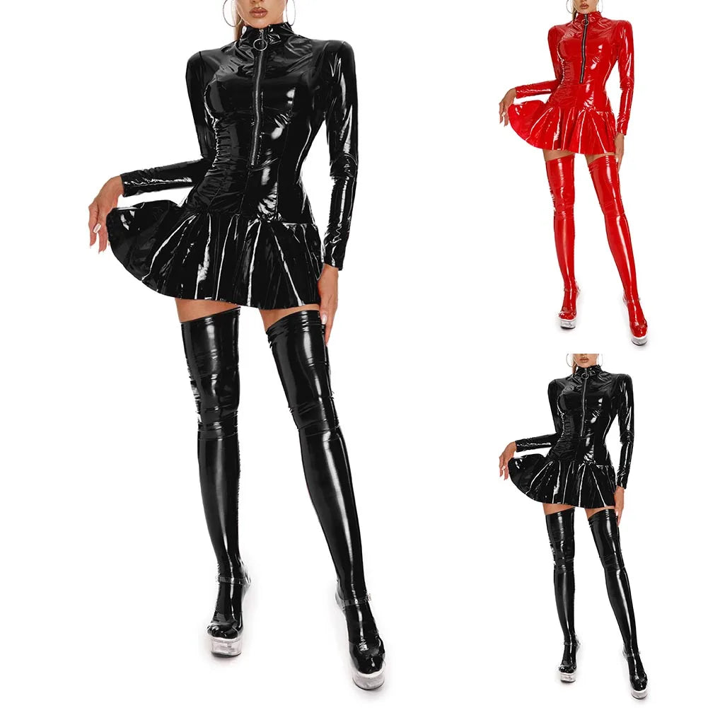 Women Wet Look Shiny PVC Leather Bodycon Short Dress Zip Up Turtleneck Dress Stage Nightclub Performance Costume Erotic Lingerie