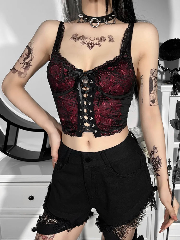 Women's Gothic Tops Dark Early Spring Small Camisole Clashing Lace Lace Tie Small Vest Women