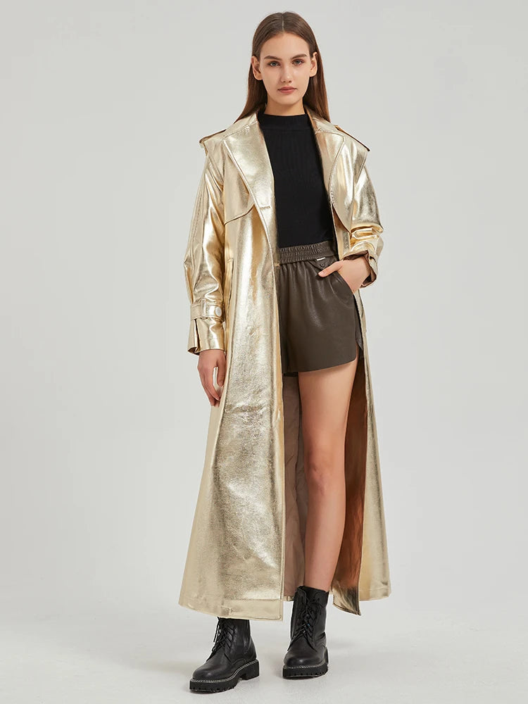 Lautaro Autumn Extra Long Gold Shiny Patent Pu Leather Trench Coat for Women Single Breasted Luxury Designer Overcoat 2024