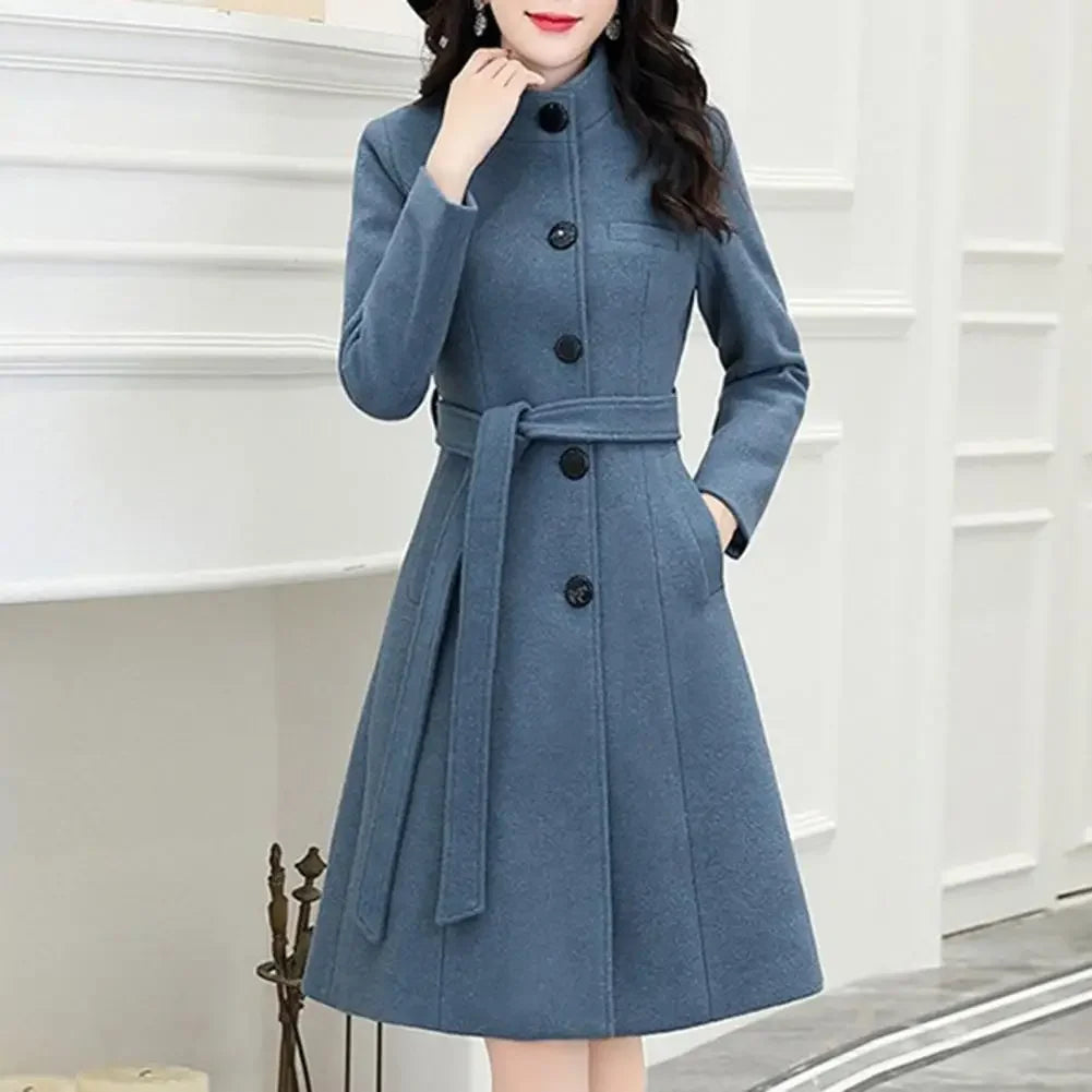 Trendy Women Outwear Long Sleeve Super Soft Women Woolen Coat  Slim Fit Belt Trench Coat