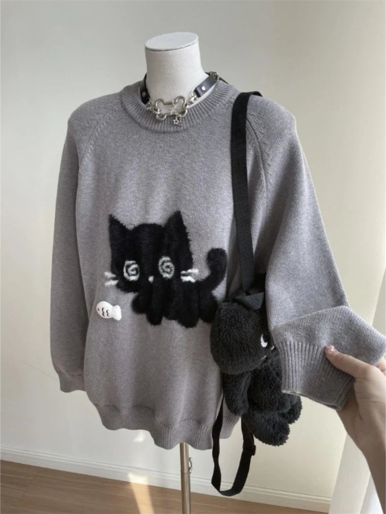 Harajuku Cute Black Cat O-neck Knitted Pullover 2025 Spring Autum New Tops Women Y2k Long Sleeve Loose Sweaters Mujer