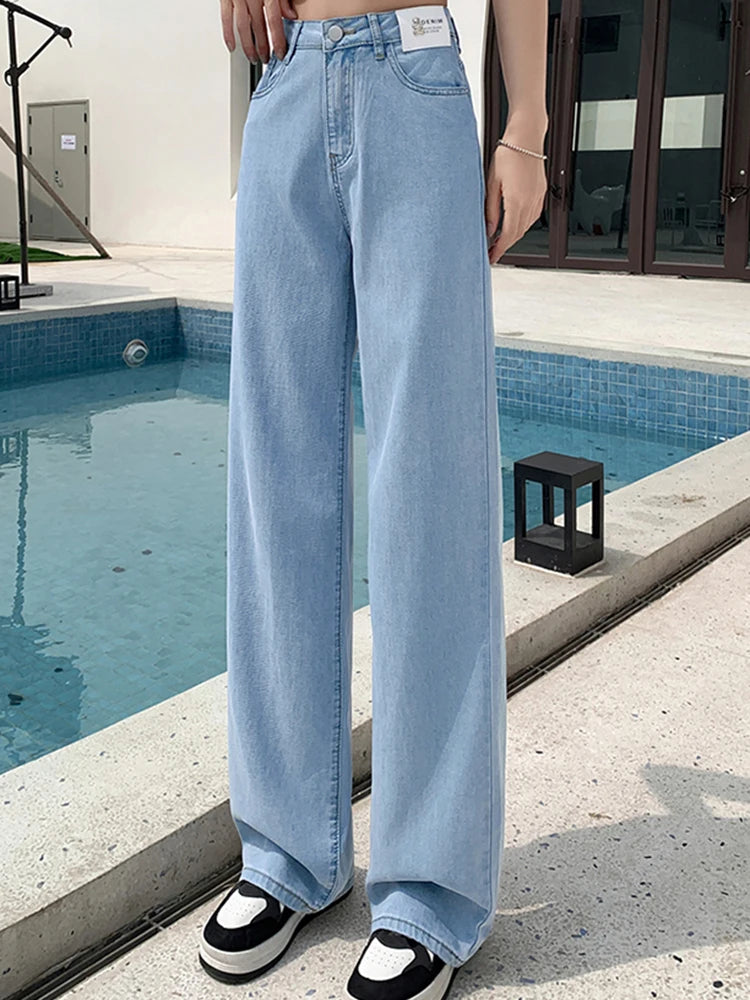 Summer Thin Woman High Waist Trousers Female 2024 New Ice Shreds Loose Washed Streetwear Jeans Black Blue Lyocell Wide Leg Pants