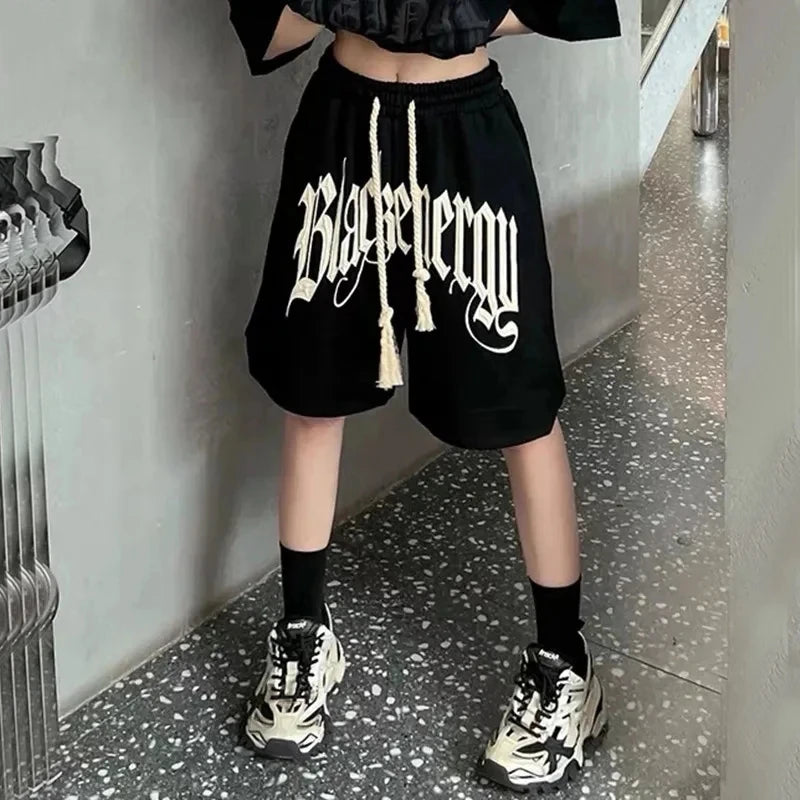 Y2K Drawstring Printing Shorts Women Fashion American Style Streetwear Sports Shorts BF Hip Hop Loose Casual Wide Leg Shorts