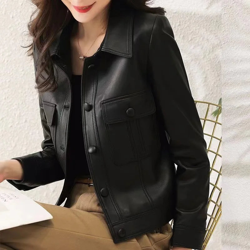 Lapel PU Leather Jacket Women 2024Spring Autumn New Coat Fashion Locomotive Goddess Overcoat High Quality Short Outerwear Female