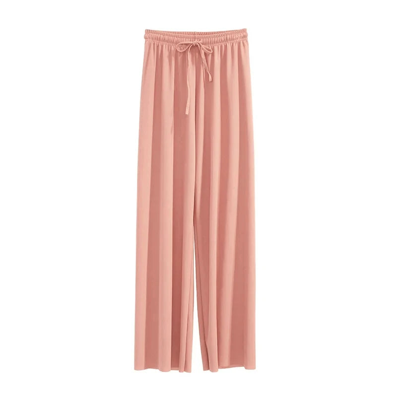 Women Wide Leg Long Pants Casual Solid Elastic Waist Loose Ankle-Length Ice Silk Pants Spring Summer Straight Female Trousers