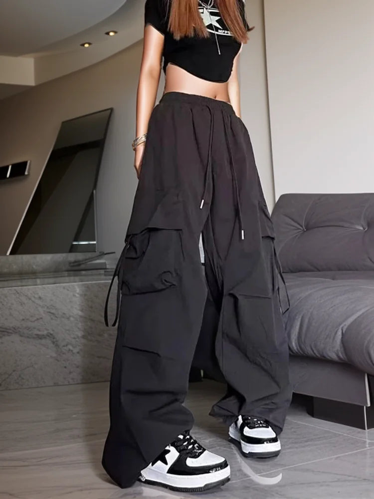 Women Y2K Cargo Pants High Waist Streetwear Hip Hop Trousers Female Big Pockets Casual Student Drawstring Baggy Sweatpants