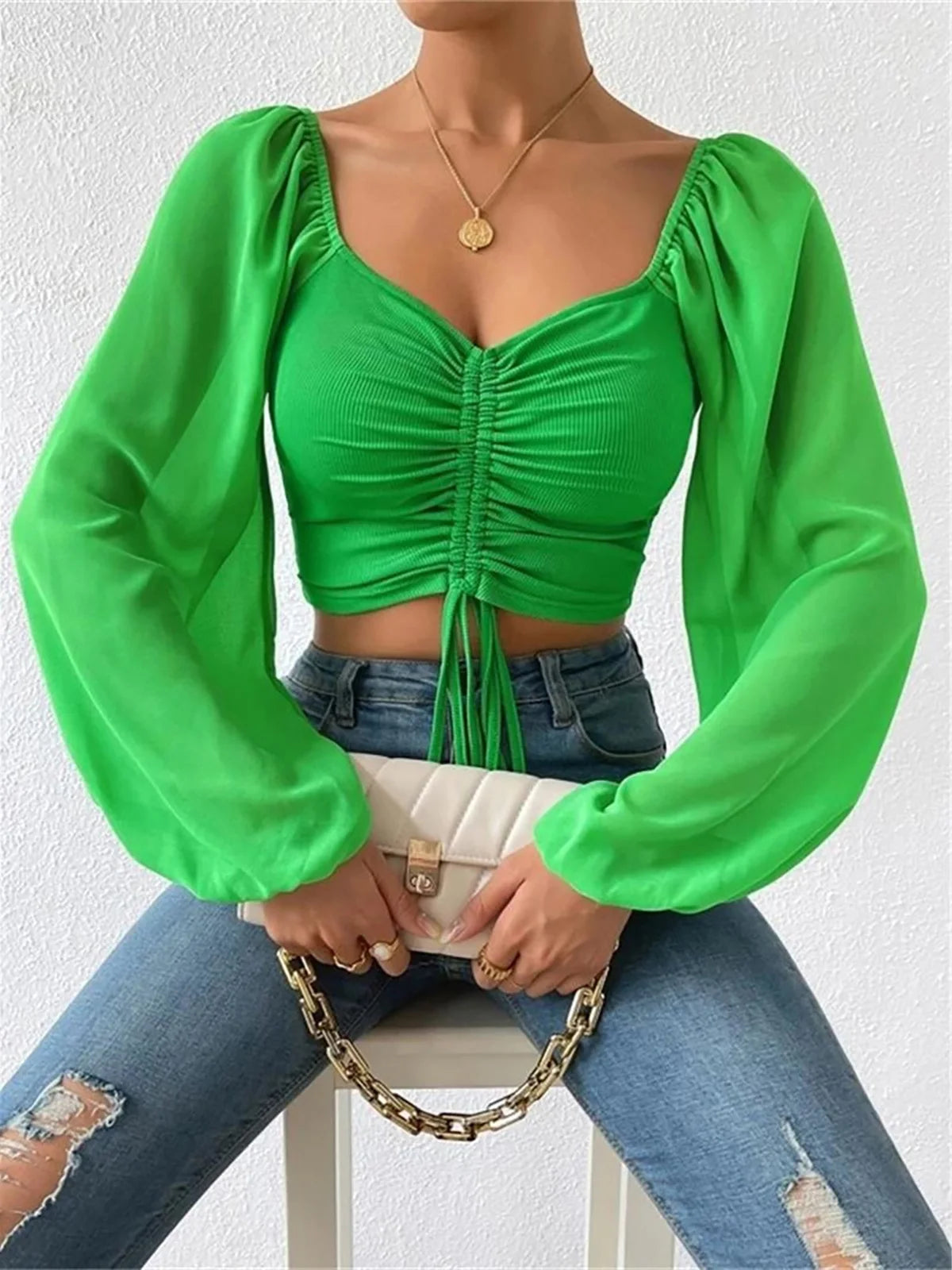 S-3XL Mesh Lantern Sleeves Drawstring Wrap Chest Bare Midriff T-Shirt Women Long Sleeve Ruched Blouse Sexy Crop Top Tee K5995