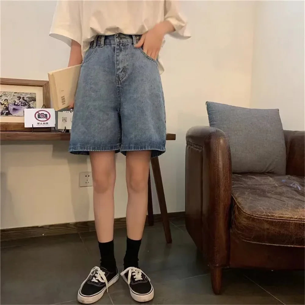 BF Style Straight Denim Shorts Women Y2k Polar Big Streetwear Skateboard Retro Blue Harajuku Hip Hop Cartoon Solid Fashion Baggy