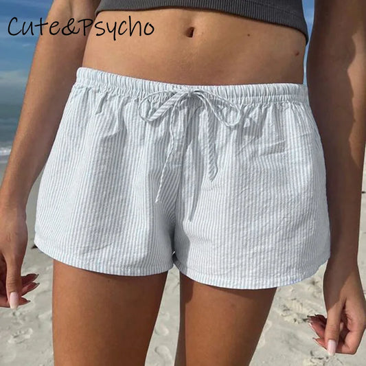 Cuteandpsycho Short décontracté basique pour femme, streetwear, taille basse, loisirs, mode, esthétique, Y2K, années 90, imprimé rayé