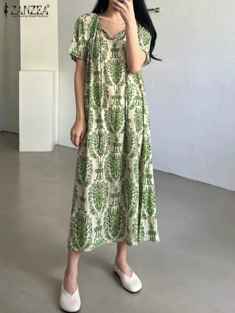 ZANZEA Puff Sleeve Loose Maxi Dress Vintage Printing Summer Vestidos Women Lace Up O-neck Robe Fashion Casual Holiday Dresses