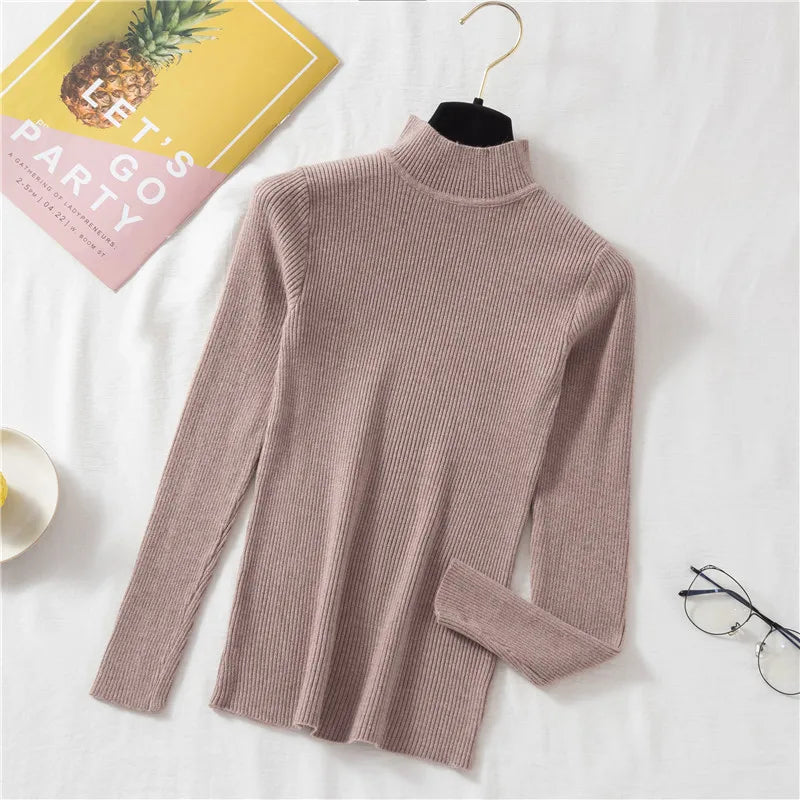 ZOKI Autumn Women Pullover Sweater Fashion Half Turtleneck Knitted Female Jumper Long Sleeve Winter Black Soft Elastic Blouse