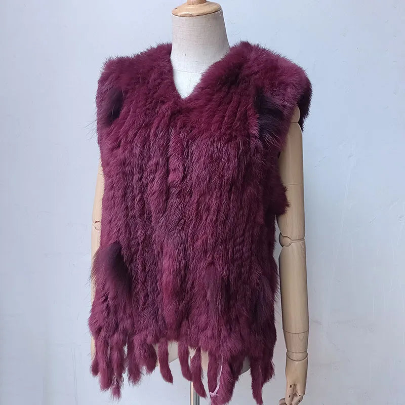 Gilet en fourrure véritable tricoté bordeaux pour femme  avec pompon et col en V, gilet moelleux en fourrure véritable, gilet en lapin naturel, offre spéciale