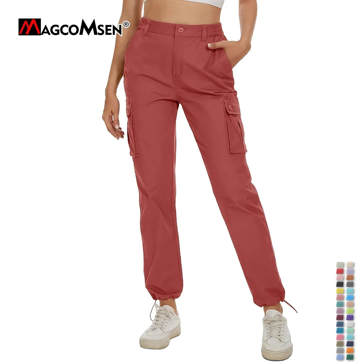 MAGCOMSEN Women's Cargo Pants 6 Pockets Cotton Urban Commuter Work Pants Casual Stylish Elastic Waistband Vintage Biker Trousers