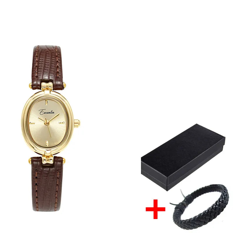 Retro Niche Design Square Rectangular Gold Dial Quartz Women's Watch Casual Brown Leather Waterproof Fashion Watch Relogio