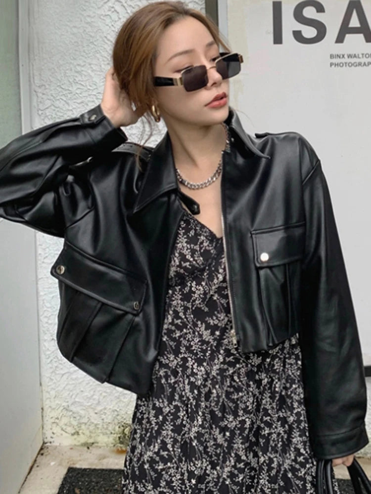 Lautaro Spring Short Brown Casual Faux Leather Jackets for Women Drop Shoulder Long Sleeve Pockets Zipper Cool Corp Top 2022