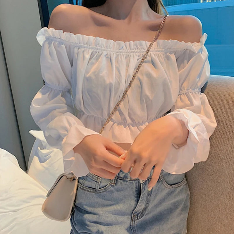 Women Top Sexy Blouse Off Shoulder Top Long Sleeve Solid Color White Shirt Puff Sleeve Ruffle Tunic Crop Top Summer Tube Top