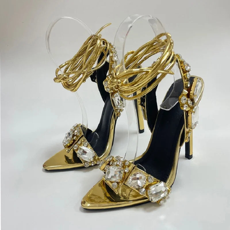 Eilyken Golden Ankle Lace-Up Women Sandals Summer Sexy Crystal Rhinestones Pointed Toe Wedding Party Shoes Ladies Stilettos