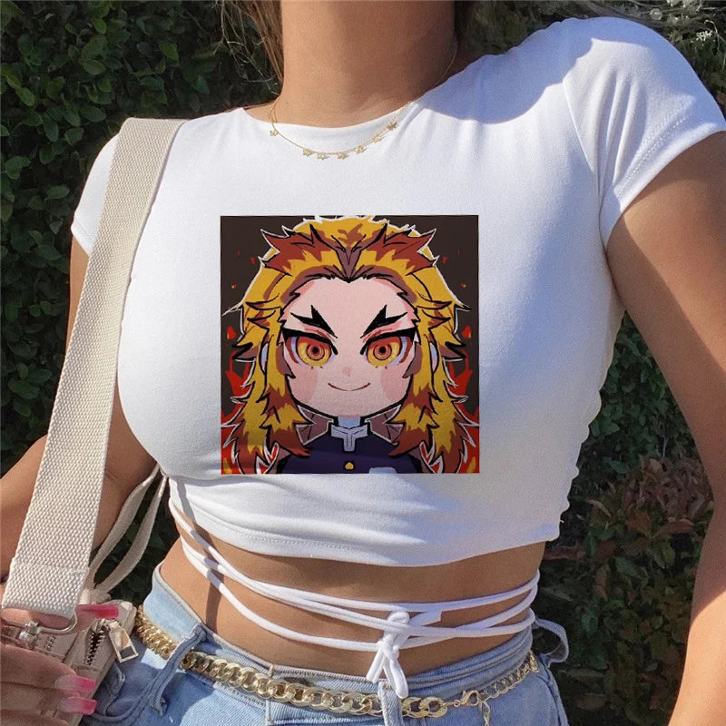 T-shirt imprimé anime Demon Slayer pour femme, ample, respirant, hip-hop, personnalité, été, bandage, T-shirts