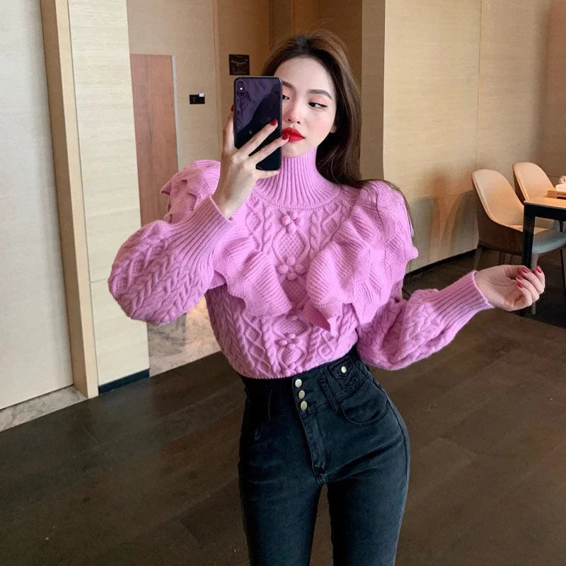 Korobov 2022 New Arrival Sweet Ruffles Turtleneck Sweaters Vintage Elegant Autumn Winter Crop Pullovers Streetwear Jumpers