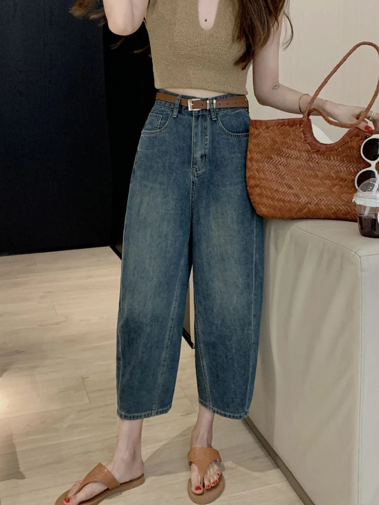 Harem Jeans Women Baggy Office Lady Comfortable Vintage Ankle-length Denim Blue Harajuku Ulzzang Leisure Streetwear High Waist