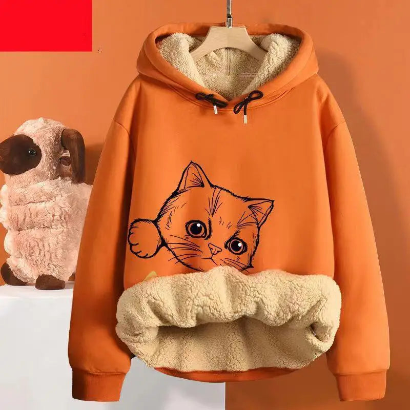 Inner Lining Composite Lamb Fleece Sweatshirt Thick Winter Loose Keep Warm Hoodie Peeking Cartoon Cat Women's Oversized Pullover