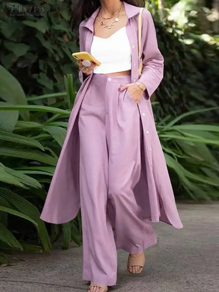 Elegant Matching Sets Women Long Sleeve Split Shirt ZANZEA 2025 Casual Lapel Button Blouses Wide Leg Trousers Tracksuit Outifits