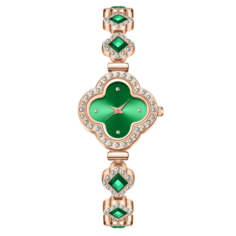 Montre-bracelet à trèfle à quatre feuilles pour femme, polyvalente, à quartz, populaire, à la mode, avec diamants, verte, design, décontractée