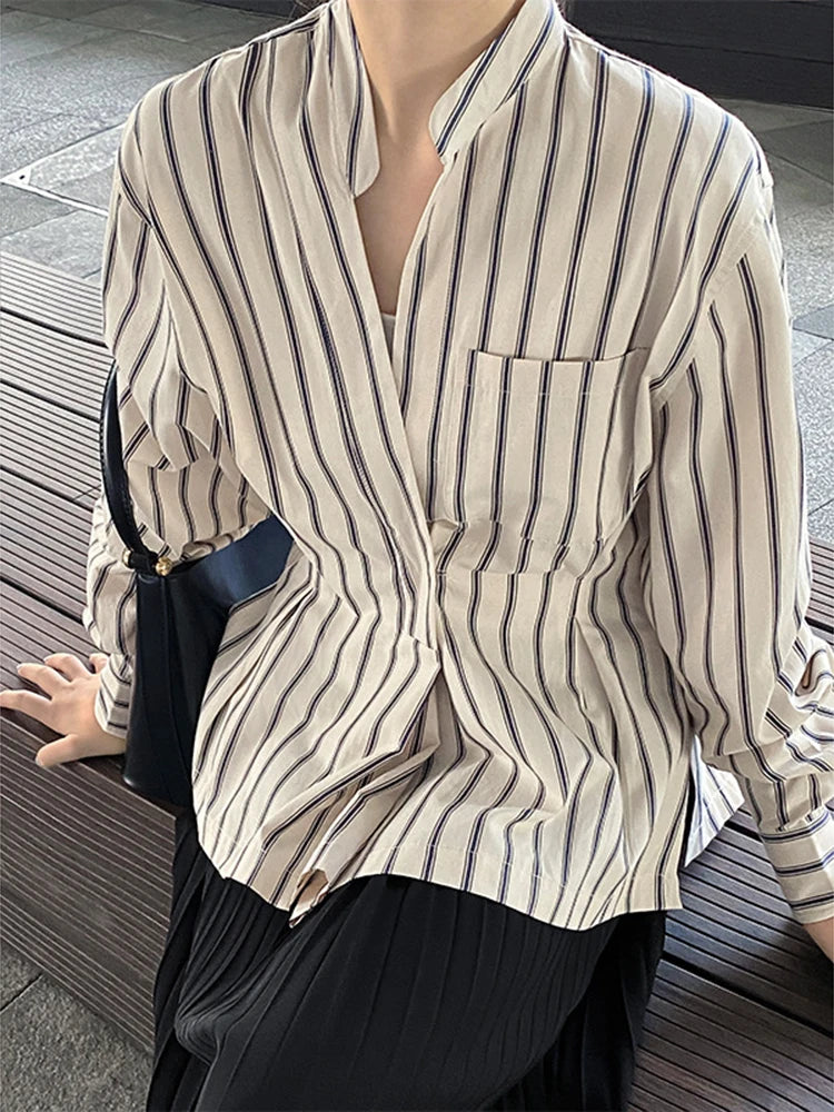 [LANMREM] Vintage Striped Gathered Waist Shirts For Women V Neck Long Sleeve Irregular Blouses Female 2025 Summer New 26D8865