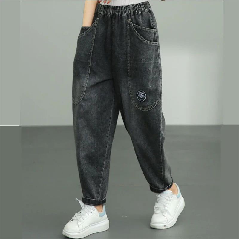 Jean ample longueur cheville Harem taille haute élastique décontracté vintage coréen pantalon en denim ample pour femme streetwear Vaquero