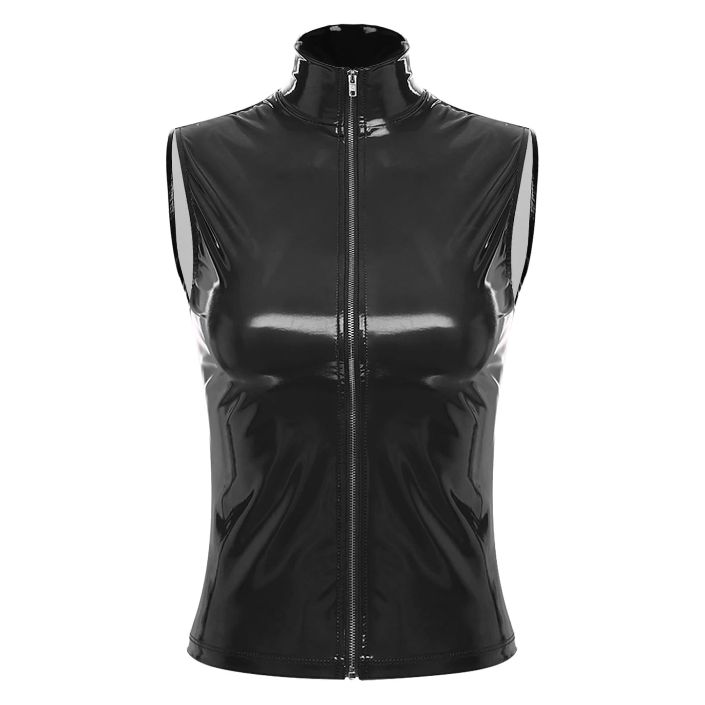 New Sexy Womens Zipper Jacket Wet Look Patent Leather Stand Collar Sleeveless Cami Vest Tank Tops Female Fashion Party Clubwear