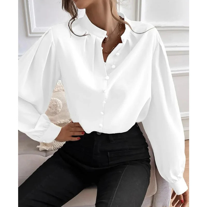 Elegant Temperament Female Clothing Solid Loose Fitting Lantern Long Sleeves Blouse Half Open Collar Pleated Pullover Shirt