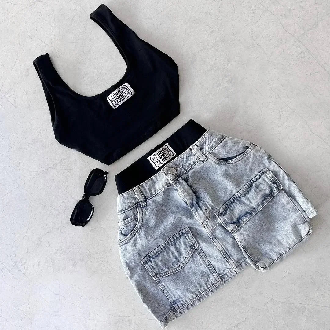 Korean sweet retro beach suspender sleeveless T-shirt sexy y2k Harajuku design simple daily casual denim shorts two-piece set