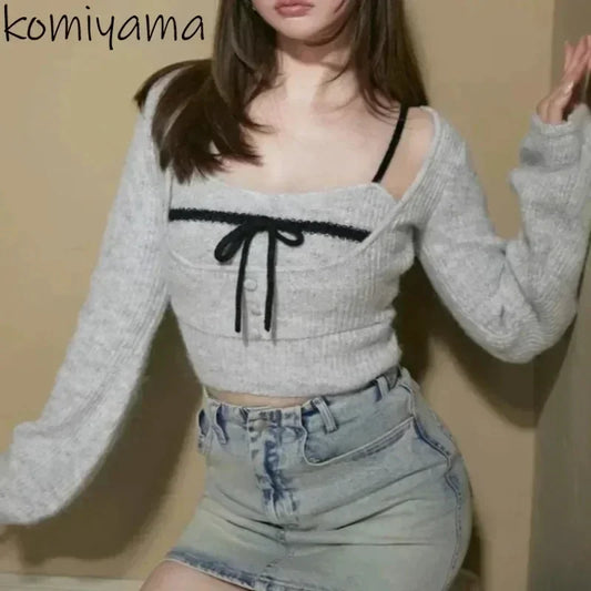 Japanese Bow Outerwears Sexy U-Neck Ropa Mujer Knit 2025 Woman Sweater Pure Desire Stylepullovers Fall Clothes Casual Women