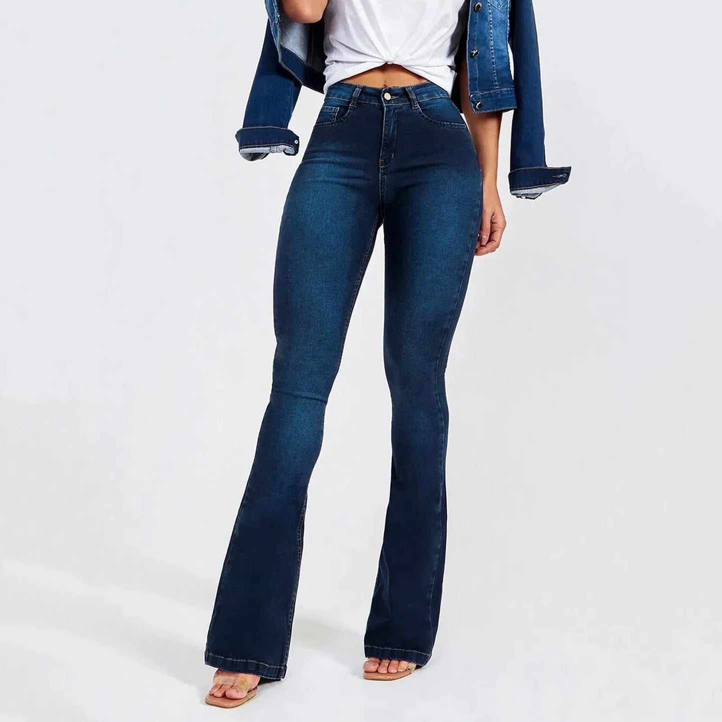 Jean évasé vintage taille haute pour femme, pantalon skinny décontracté à taille moyenne, poches, jean classique en denim, pantalon évasé