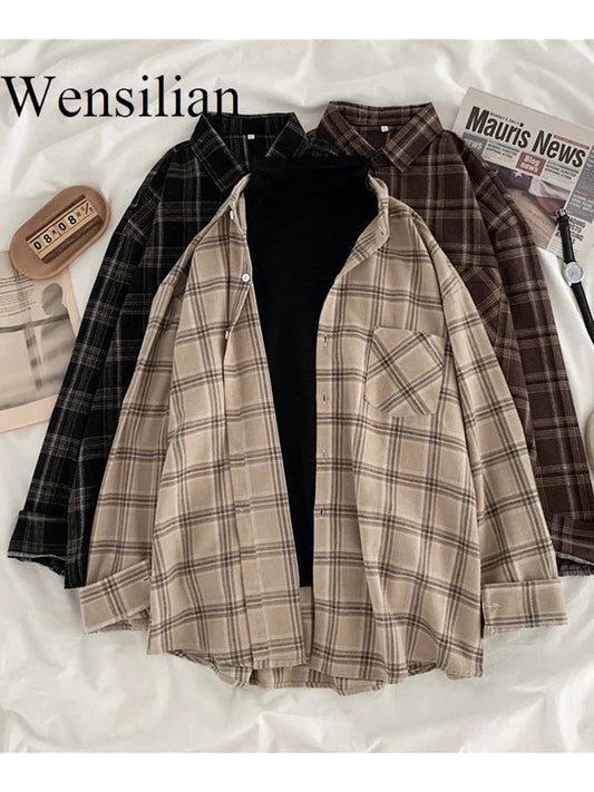 Women Shirt Plaid Oversize Blouse Female Korean Fashion Long Sleeves Shirt Tops Casual Outwear Vintage Checkered Femme Blusas