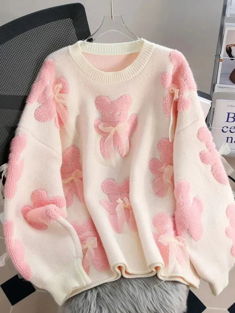 Jmprs Cute Bear Print Sweaters Women Lazy Wind Long Sleeve Bow Knitted Pullovers Korean Fashion Loose Female O Neck Sweet Tops