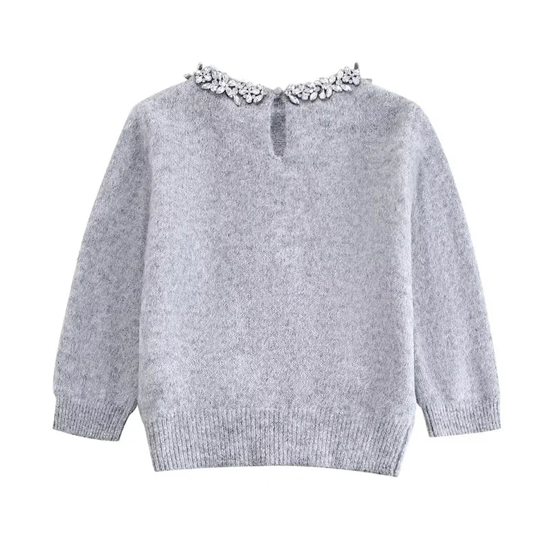 KEYANKETIAN 2024 New Launch Women Artificial gemstone Decoration Short Sleeve Sweater Elegant Stylish Slim Knitted Top Pullover