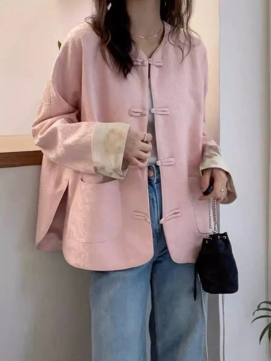 New Chinese Style Retro Pan Button Pink Coat Women Clothing Early Spring New Fashion Loose Casual Cardigan Outerwear Women Tops