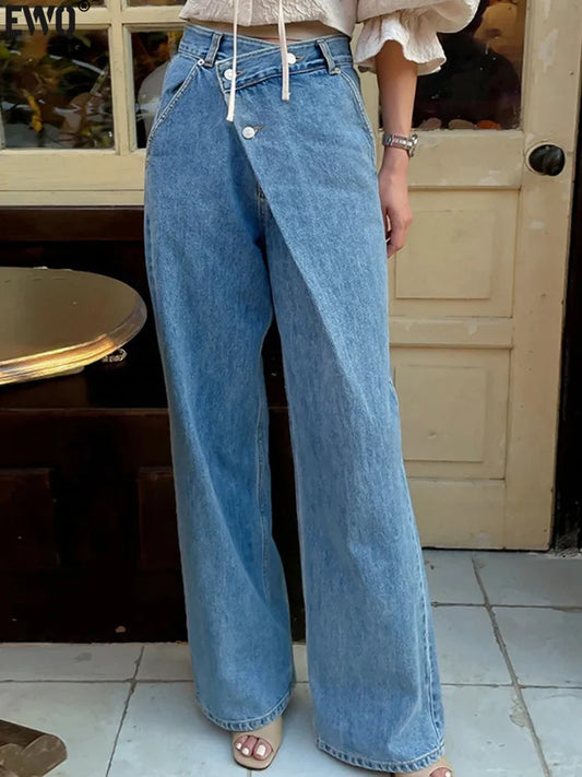 Pantalon en denim au design irrégulier pour femme, jean bleu taille haute, pantalon polyvalent à la mode,