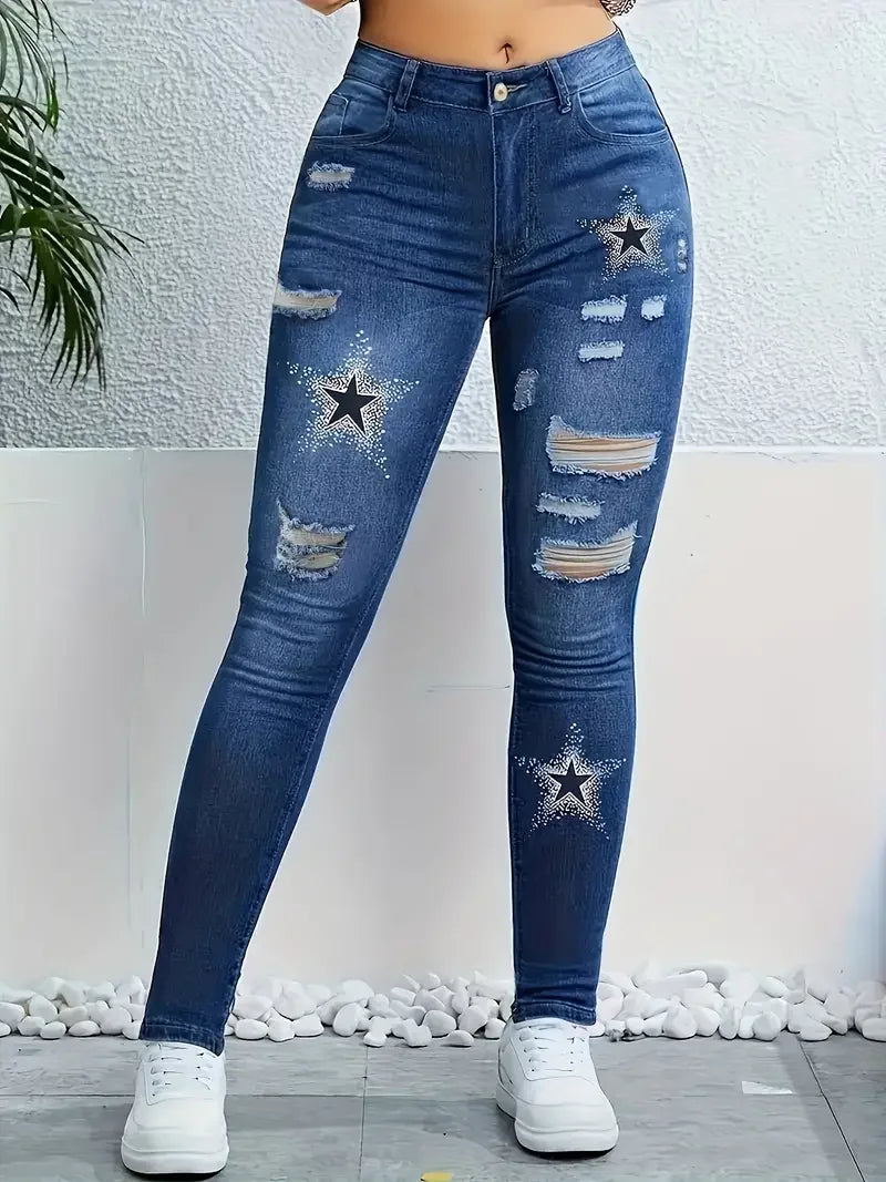 Star Pattern Printed Washed Hole Women's High Waisted Stretch Denim Skinny Trousers Fashionable Women's Denim Work Clothes