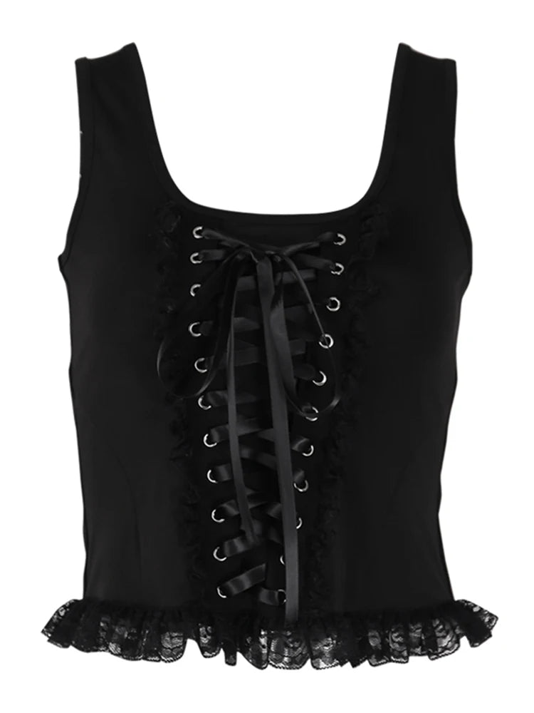 AltGoth Goth Punk Sexy Camis Femmes À Lacets Sans Bretelles Col Carré Dentelle Patchwork Mince Moulante Gilet Ins Noir Foncé Crop Débardeur