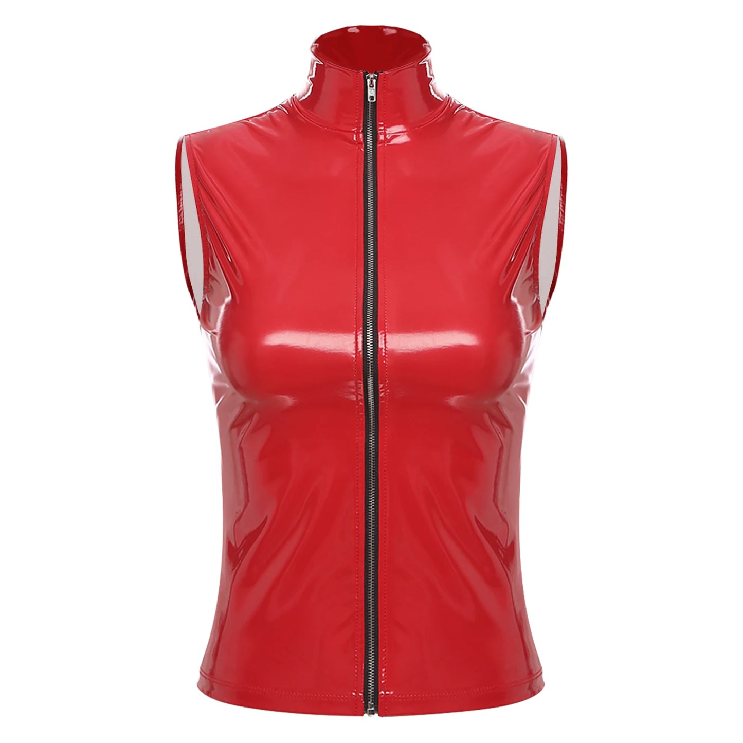 New Sexy Womens Zipper Jacket Wet Look Patent Leather Stand Collar Sleeveless Cami Vest Tank Tops Female Fashion Party Clubwear