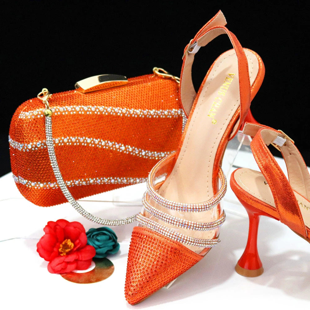 Venus Chan 2023 Newest INS Style Orange Color Elegant High Heels Nigeria Popular Design African Ladies Shoes And Bag Set