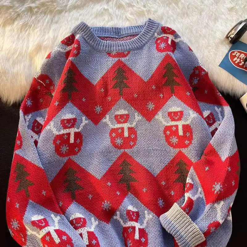 new warm pullovers round neck sweater women street stitching Christmas tree jacquard sweater ins couple loose in winter 2022