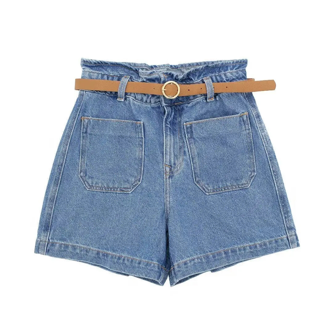 Nouvelle Mode Féminine Style Taille Haute Poche Décoration avec Ceinture Short Décontracté Ample