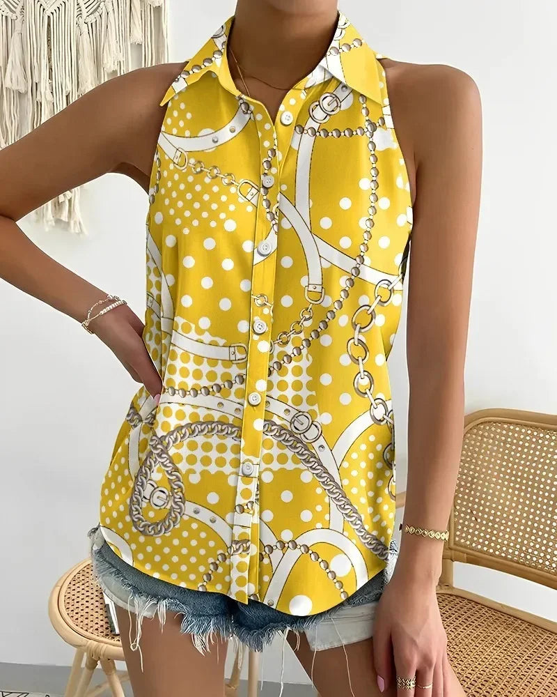 Elegant Women's Shirts and Blouses Spring Summer Sleeveless Turn Down Blouse Vintage Popular Print Slim Shirt Office Ladies Tops