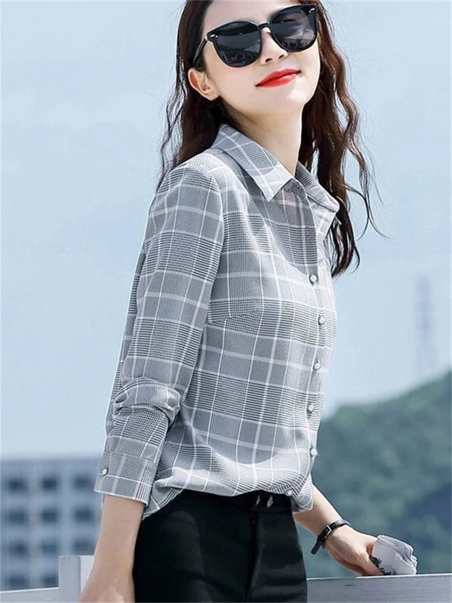 Women Spring Autumn Style Blouses Shirts Lady Casual Long Sleeve Turn-down Collar Plaid Printed Blusas Tops DF4712