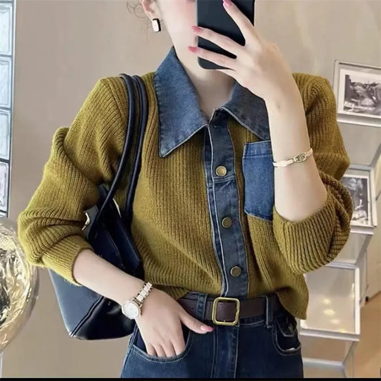 2025 Nouveau Polo Col Denim Couture Pull Femme Automne Hiver Mode Épissage Femme Pull Style Rétro Dame Veste Courte